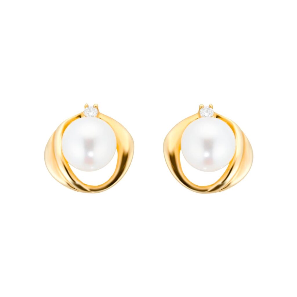 9ct Yellow Gold Fluid Pearl 0.04ct Stud Earrings