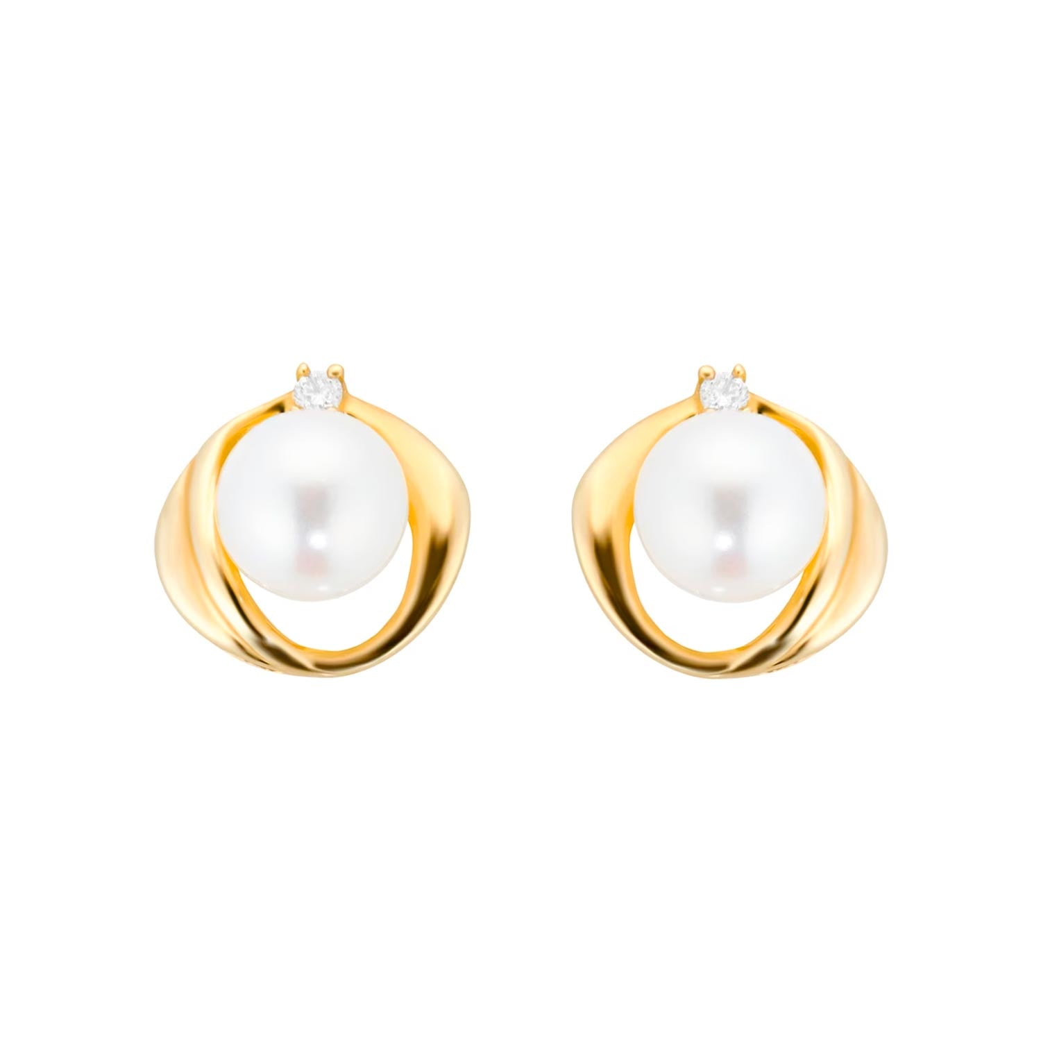 9ct Yellow Gold Fluid Pearl 0.04ct Stud Earrings